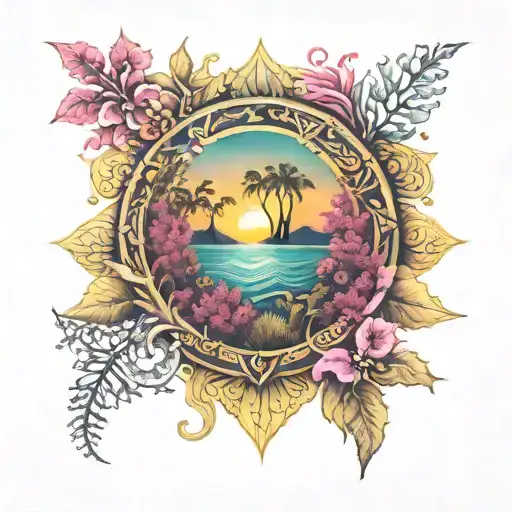 mandala forest and ocean pink and yellow sunrise tattoo design idea