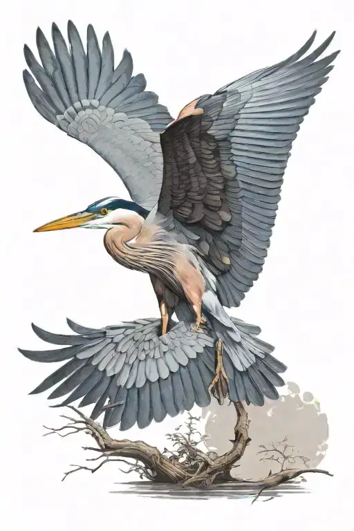 blue heron portrait head and neck with wing spread down in front of it tattoo design idea