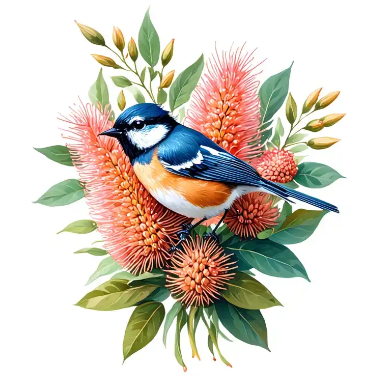 fairy wren bird on banksia flower bouquet tattoo design idea