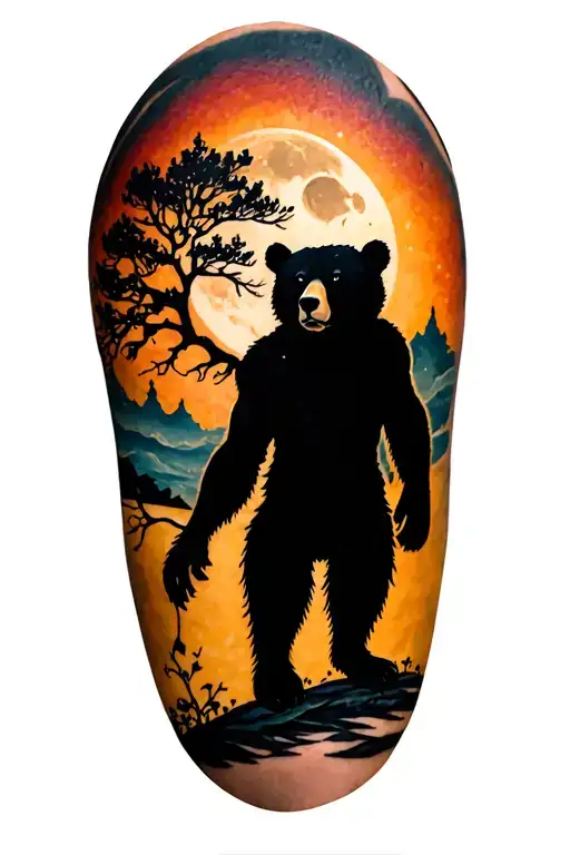 men half sleeve tree bear moon tattoo design idea