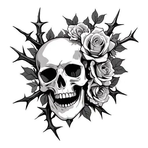 skulls, roses, many thorns and Cárdenas and hearts tattoo design idea