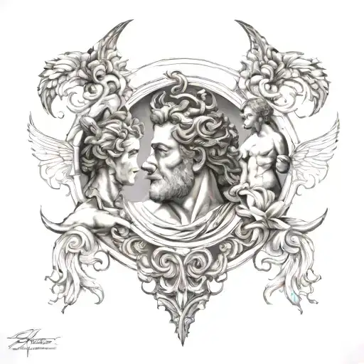 Greek mythology cover up back tattoo with Prometheus, Oceanus, and atlas tattoo design idea