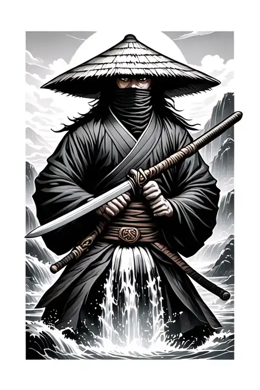 Japan Ronin wearing a straw hat covering his face standing and wielding a sword with waterfall scenery in the background tattoo design idea