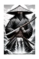 Japan Ronin wearing a straw hat covering his face standing and wielding a sword with waterfall scenery in the background tattoo design idea
