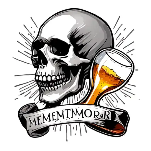 "Memento Mori" Skull with hour glass beer bottle tattoo design idea