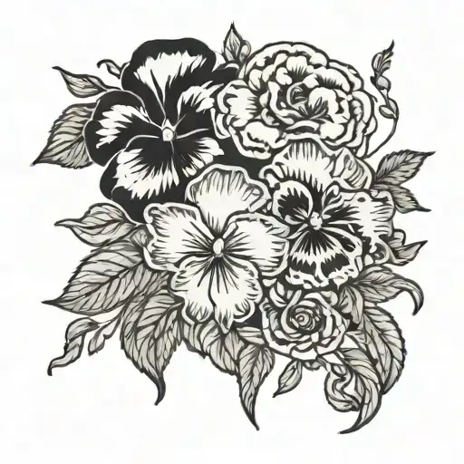 intertwined pansies, roses, and poppies blooming tattoo design idea