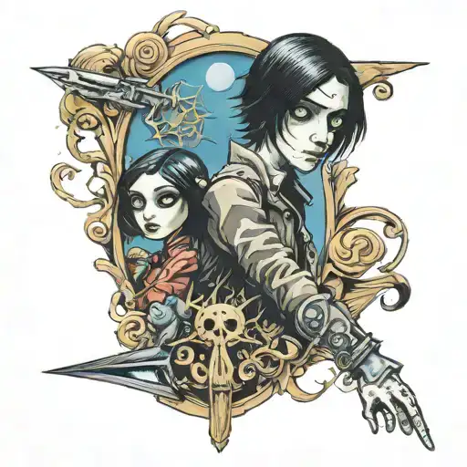  right arm tattoo sleeve that is themed from the 2009 film Coraline tattoo design idea
