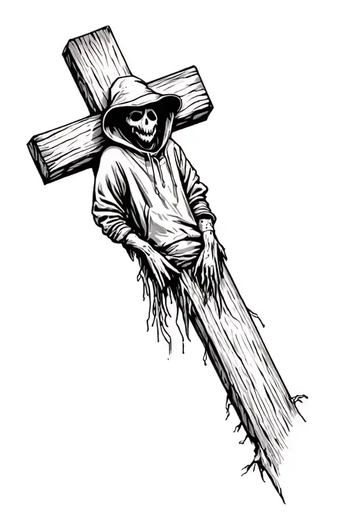 dark looking scarecrow wearing a hoodie on wooden cross tattoo design idea