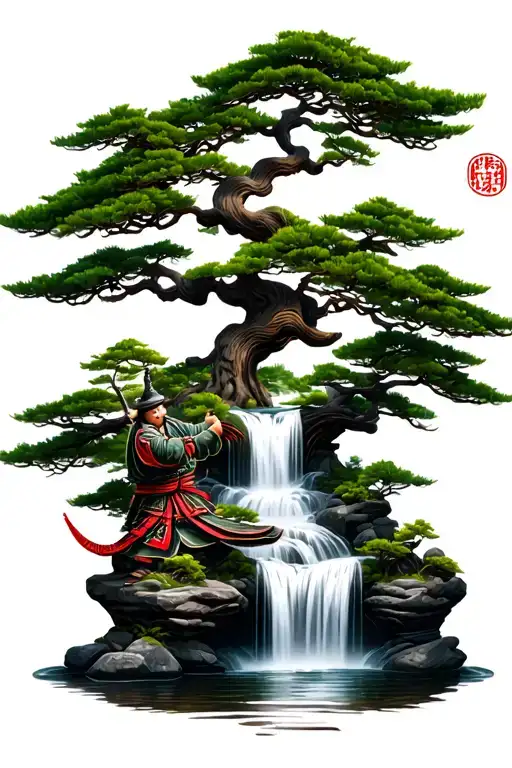 "Yamaguchi in Japanese" Japanese style, samurai, bonsai tree, waterfall, symbols, nature,, symbolism tattoo design idea