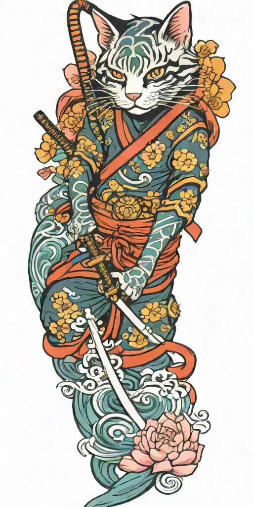 ninja cat holding katana, tail, water, waves, lotus, sakura, clouds, whirlpool, leaves, peony, sea, sunrise tattoo design idea
