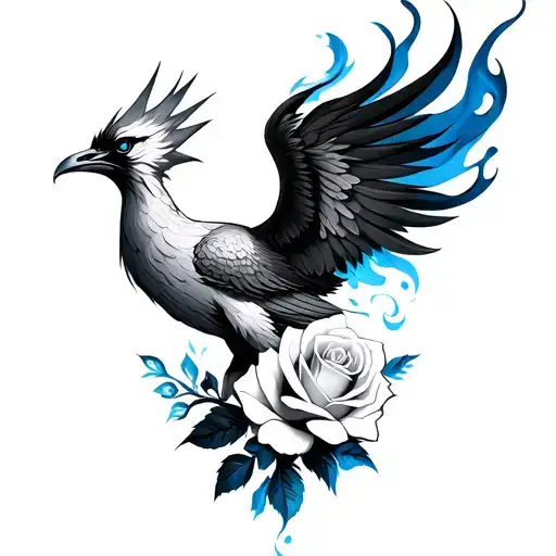 white and black pheonix, white and black rose, and compas and blue flame coming off the pheonix as a tattoo tattoo design idea
