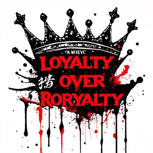 "Loyalty Over Royalty " BYG, crown, “Loyalty Over Royalty,” Mydia, sakura, Japanese text, and background filler—can flow together naturally for  tattoo design idea