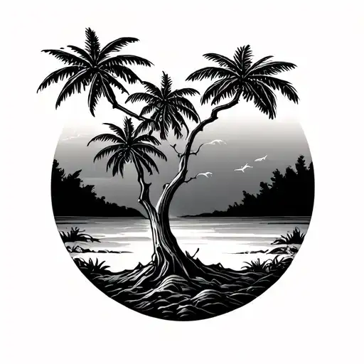 3 palm trees bending into one tree top half tattoo design idea