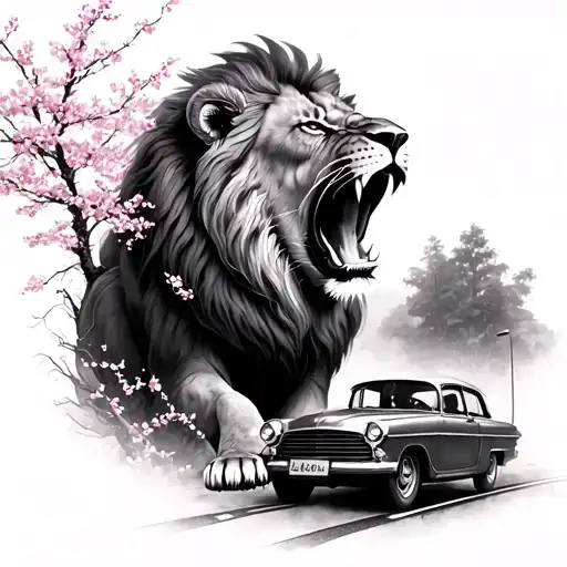 Black and gray realistic tattoo of a roaring lion, lone figure, winding road, car, cherry blossom. No background tattoo design idea