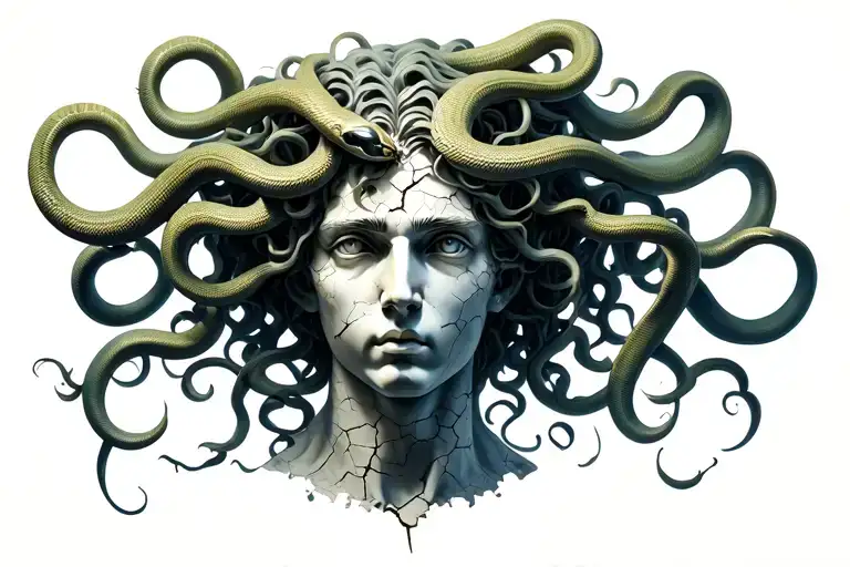 Medusa's head with snake hair and with the texture of a cracked marble statue tattoo design idea