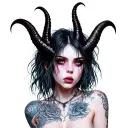 Sexy Pale Girl, Petite, Big Boobs, Wide Hips, G-string. Messy Hair, Demonic Horns, Sexual ,full body tattoo design idea