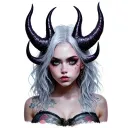Sexy Pale Girl, Petite, Big Boobs, Wide Hips, G-string. Messy Hair, Demonic Horns, Sexual ,full body tattoo design idea