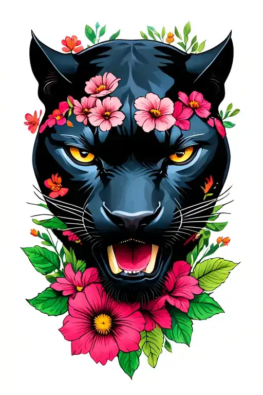 Black Panther with Flowers tattoo design idea