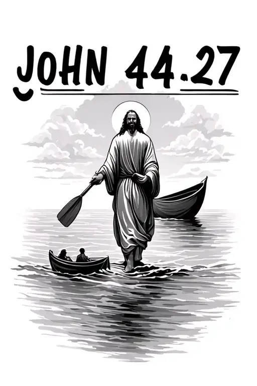"John 14:27" Jesus walking toward the ocean on water with his face not shown, rowboat, Peter sinking tattoo design idea