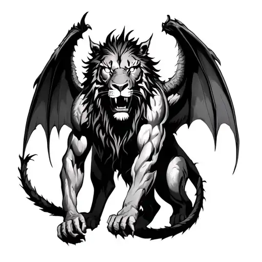 Dark fantasy tattoo of a shadowy humanoid beast with dragon wings, lion-tiger hybrid face, glowing eyes, and ancient arm tattoo design idea
