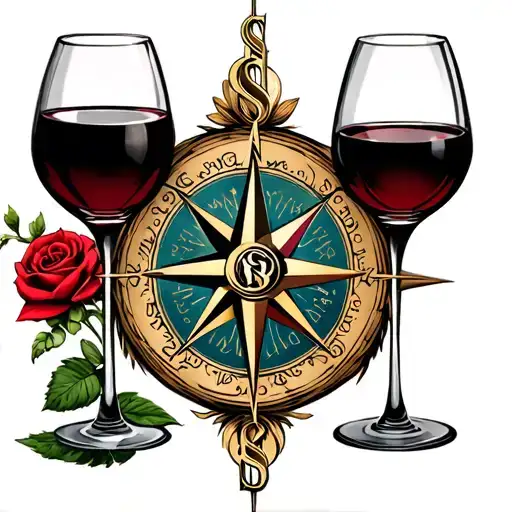 Sleeve with Māori Warrior & British Knight, English Rose Compass with Dollar Signs, Murray, Two wines glasses clinging,  tattoo design idea