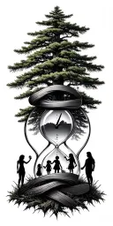 Pine forest wrap around and family tree and hour glass with 3 kid girls inside and man standing on the outside tattoo design idea