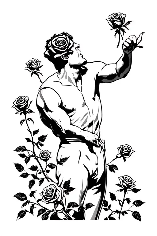 black and white stencil of a man throwing roses tattoo design idea
