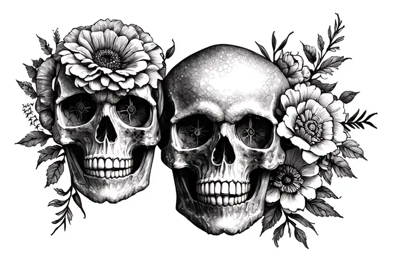 compass flowers skulls tattoo design idea