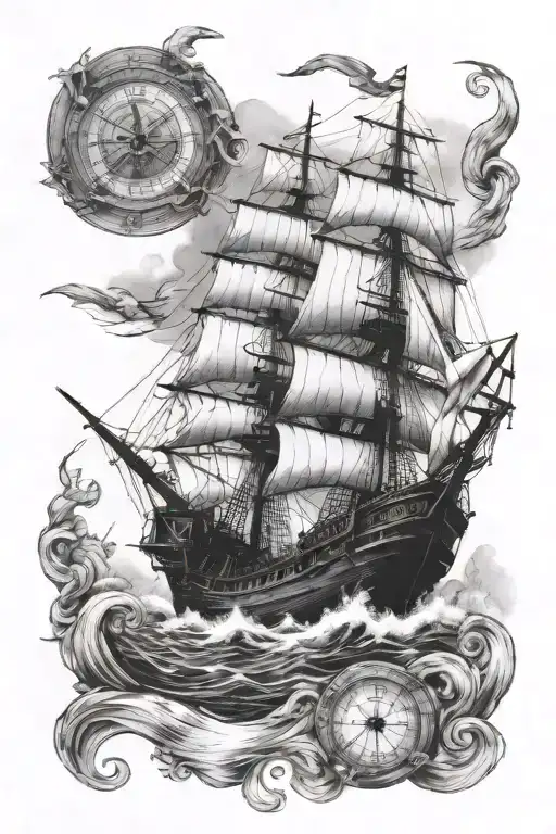 nautical half sleeve tattoo featuring galleon warships, compass, rope tattoo design idea