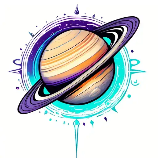 SATURN PLANET WHAT IS ACUTELA style in violet and turquoise colors tattoo design idea