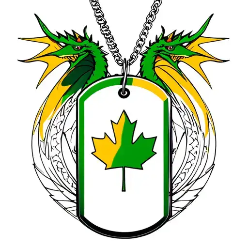 Tattoo wrist small Colour green & yello of Canada flag on a dog tag w full body realistic Dragon wearing Necklace around tattoo design idea