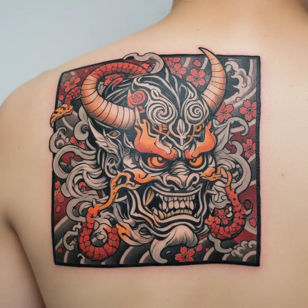 susanoo oni mask with smoke tattoo design idea