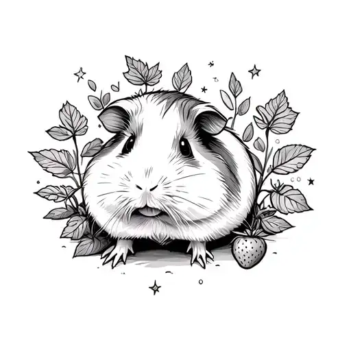 A guinea pig surrounded by strawberry plants with small star details. tattoo design idea