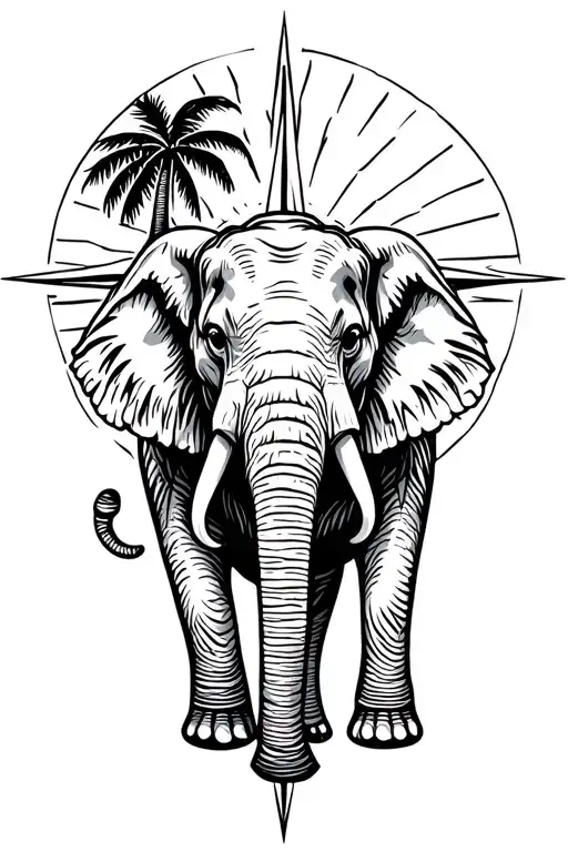 Elephant - Thailand. Compass pointing north to mountains & snow etc. south pointing to palm trees & beach. Sunrise.  tattoo design idea