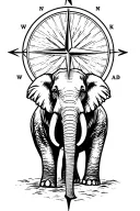Elephant - Thailand. Compass pointing north to mountains & snow etc. south pointing to palm trees & beach. Sunrise.  tattoo design idea