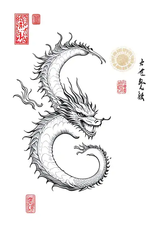 Chinese dragon, sun, moon thin tattoo design idea