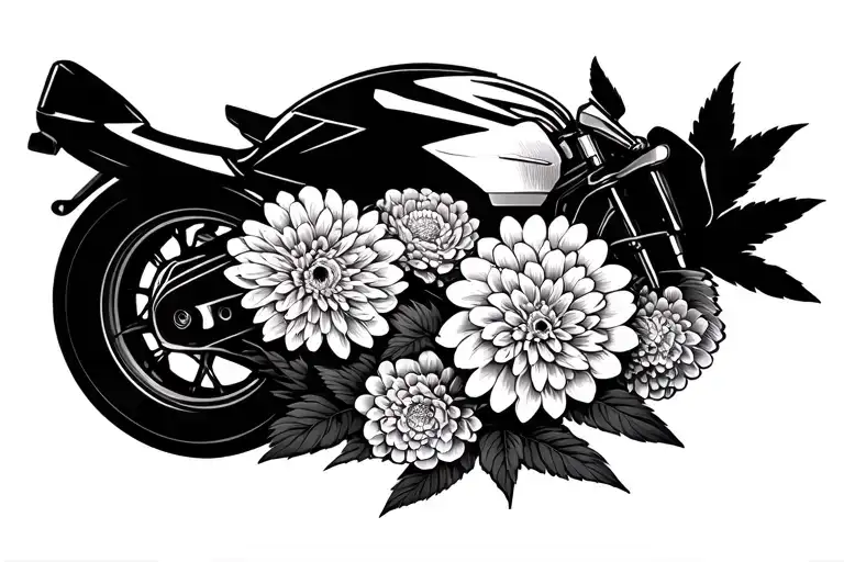 Japanese chrysanthemums wrap around a motorcycle wheel tattoo design idea