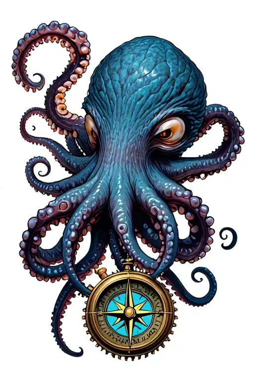 angry kracken octopus in ocean with nautical compass in middle with tentacles out wide tattoo design idea