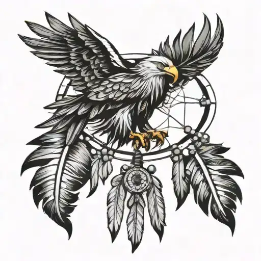 A stylized eagle feather intertwined with beads and a dream catcher tattoo design idea