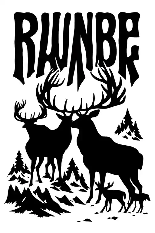 elk deer mountain family around fire tattoo design idea