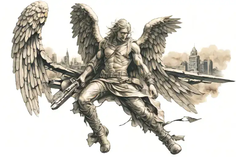 War ravaged guardian angel with weapons over looking destroyed city below them  tattoo design idea