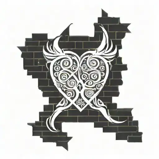 Abstract representation of love and music merging into a fiery Aries symbol on a brick wall tattoo design idea