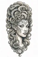 A realistic portrait of Medusa with intricate details of her snake hair and a subtle nod to the client's occupation as a stripper tattoo design idea