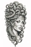 A realistic portrait of Medusa with intricate details of her snake hair and a subtle nod to the client's occupation as a stripper tattoo design idea