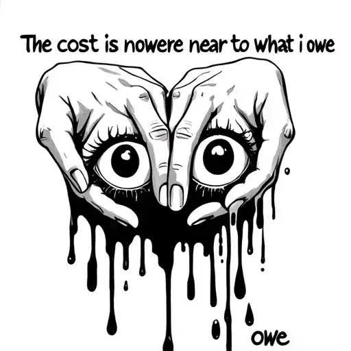 Gooey black eyes, bloody cupped hands, dripping text: "the cost is nowhere near to what i owe" tattoo design idea