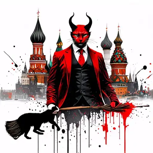 The devil in a suit, a black cat next to him, above the kremlin skyline with the silhouette of a which riding a broom tattoo design idea