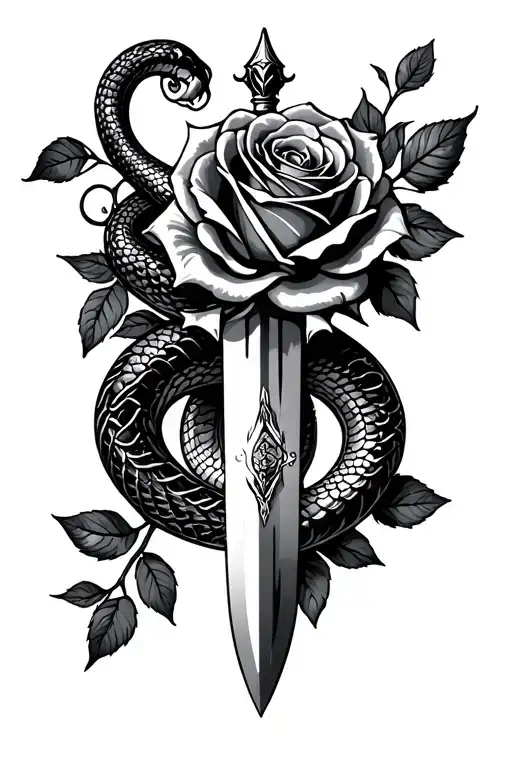 roses, dagger, and snake tattoo design idea
