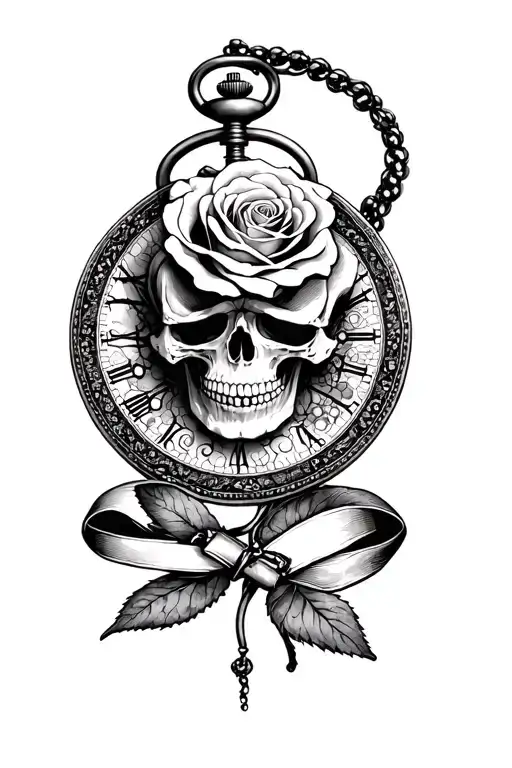 skull rose and pocketwatch ribbon tattoo design idea