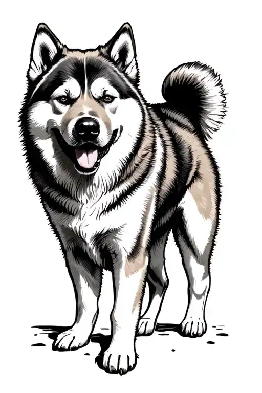 Black and white tattoo of a ginger Akita Inu standing on its paws from the side of a man tattoo design idea