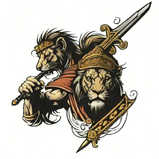 roman soldier with the head of a lion holding a sword in hand tattoo design idea